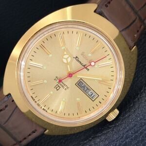 Vintage 1973 HMT Automatic Mens Gold Watch W/Daydate & Red accents